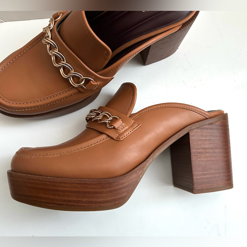 Platform Clogs Slides Heeled Clogs Brown Leather … - image 2